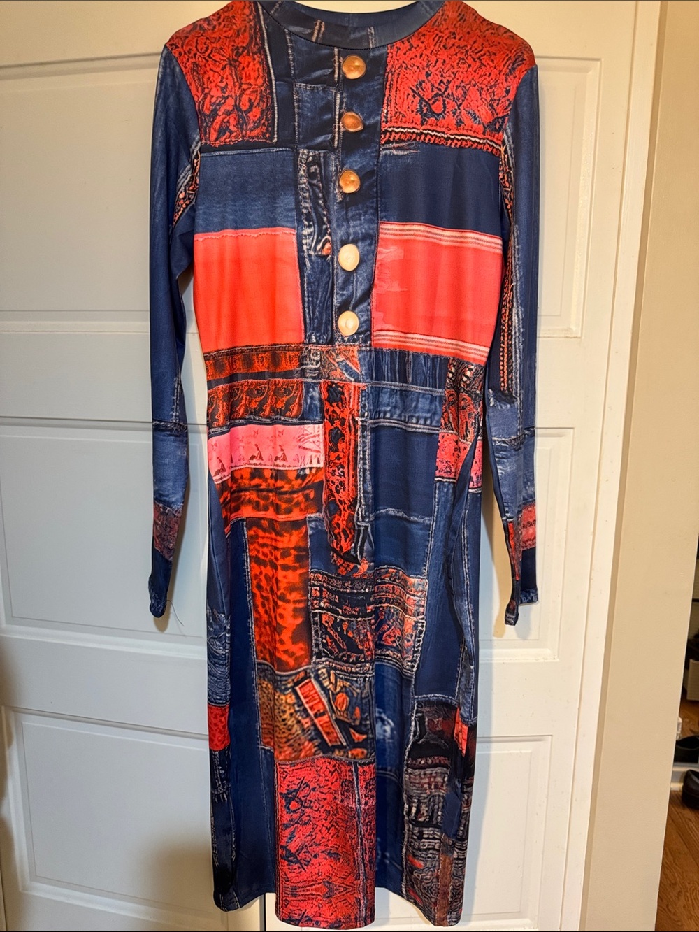 SHEIN Navy and Red Patchwork Long Sleeve Dress